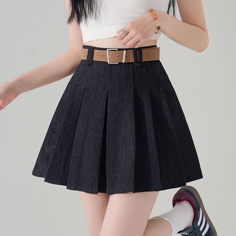 High Waist Pleated Denim Mini A-Line Skirt