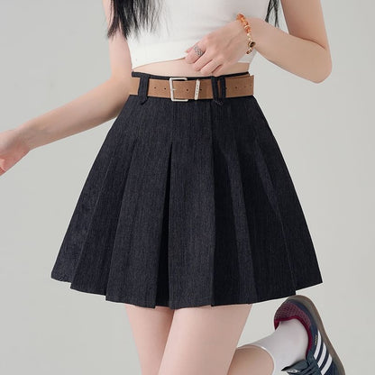 High Waist Pleated Denim Mini A-Line Skirt