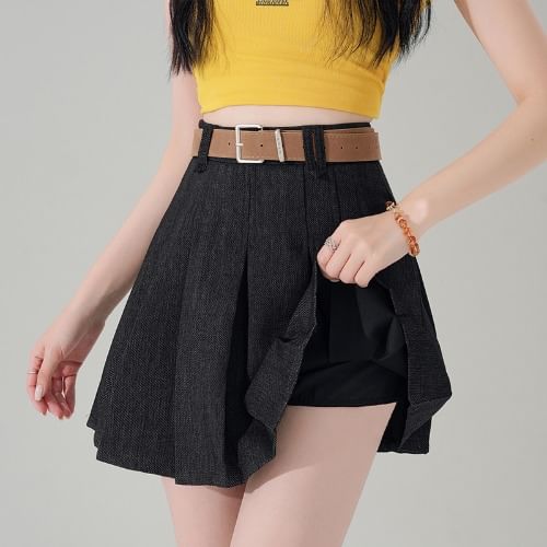 High Waist Pleated Denim Mini A-Line Skirt