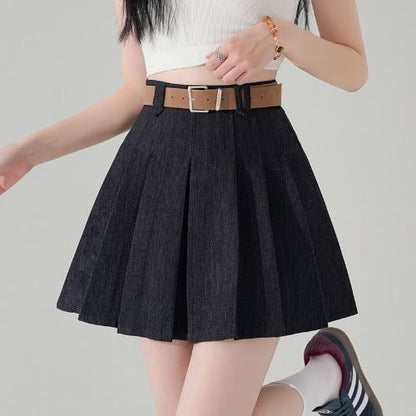 High Waist Pleated Denim Mini A-Line Skirt