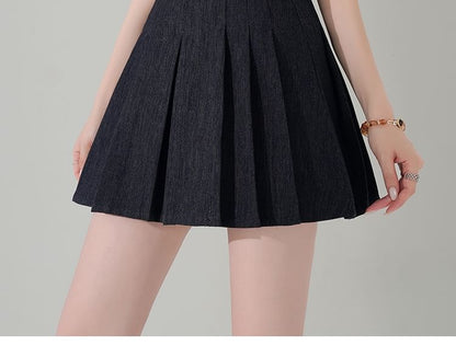 High Waist Pleated Denim Mini A-Line Skirt