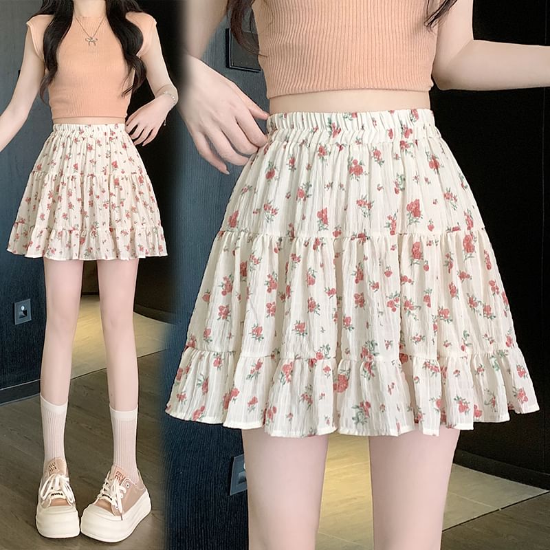 Elastic Waist Floral Tiered Mini A-Line Skirt