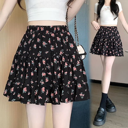 Elastic Waist Floral Tiered Mini A-Line Skirt