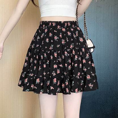 Elastic Waist Floral Tiered Mini A-Line Skirt