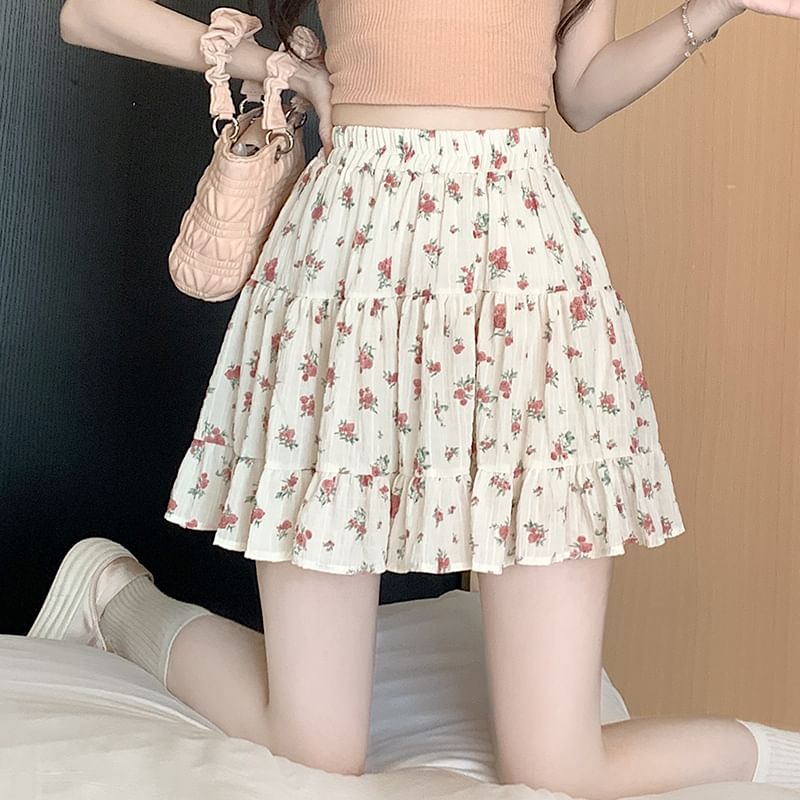 Elastic Waist Floral Tiered Mini A-Line Skirt