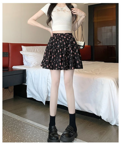 Elastic Waist Floral Tiered Mini A-Line Skirt