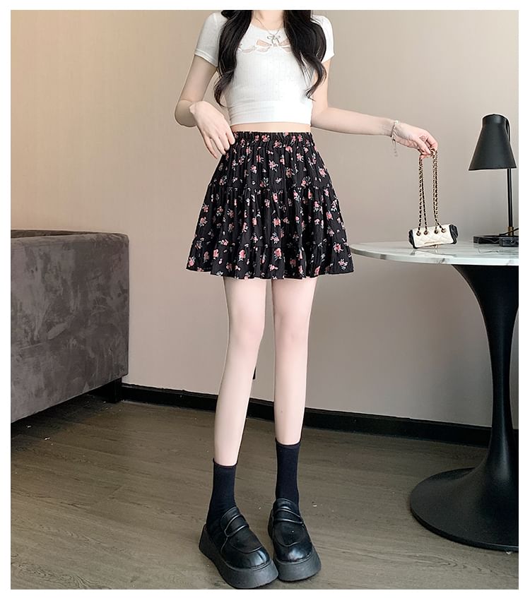 Elastic Waist Floral Tiered Mini A-Line Skirt