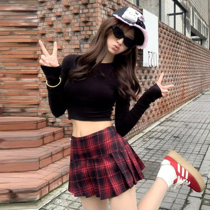 High Waist Plaid Pleated Mini A-Line Skirt