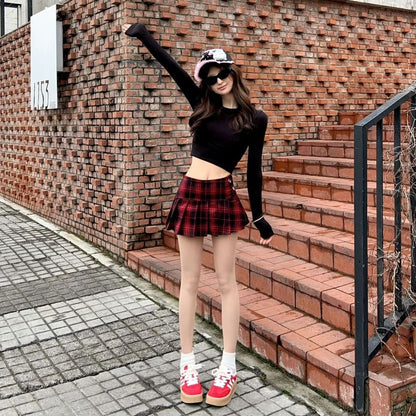 High Waist Plaid Pleated Mini A-Line Skirt