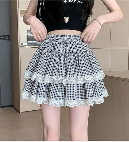 Elastic Waist Plaid Tiered Lace Trim Mini A-Line Skirt