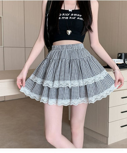 Elastic Waist Plaid Tiered Lace Trim Mini A-Line Skirt