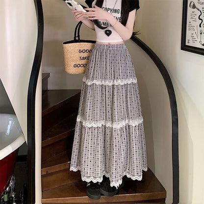 Elastic Waist Dotted Plaid Tiered Lace Trim Maxi A-Line Skirt