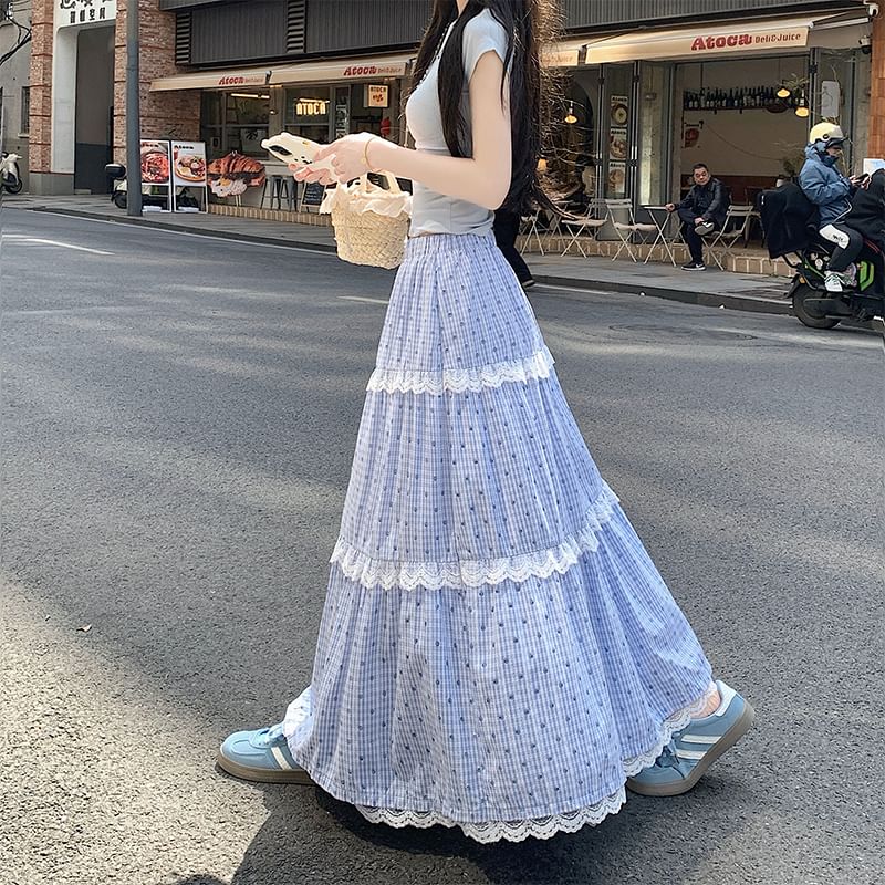 Elastic Waist Dotted Plaid Tiered Lace Trim Maxi A-Line Skirt