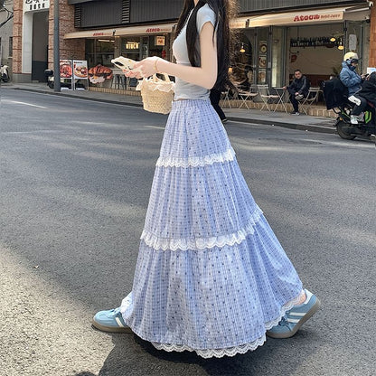 Elastic Waist Dotted Plaid Tiered Lace Trim Maxi A-Line Skirt