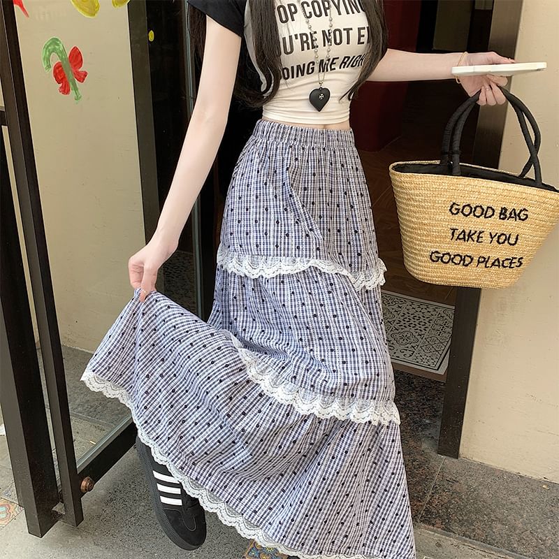 Elastic Waist Dotted Plaid Tiered Lace Trim Maxi A-Line Skirt