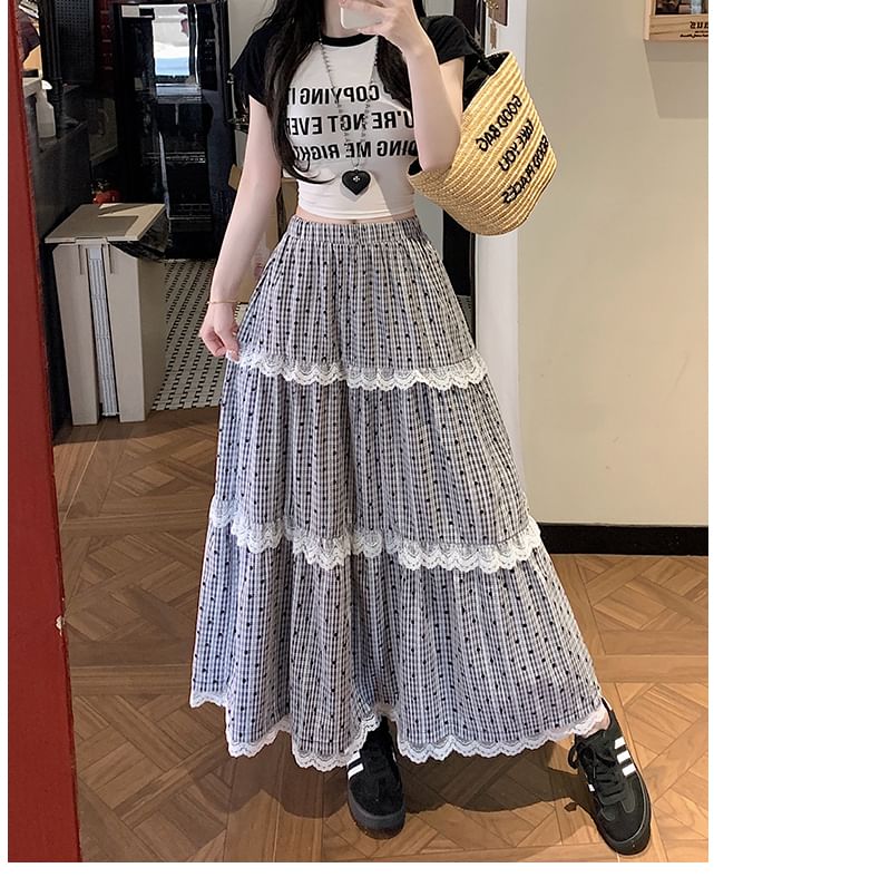 Elastic Waist Dotted Plaid Tiered Lace Trim Maxi A-Line Skirt