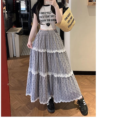 Elastic Waist Dotted Plaid Tiered Lace Trim Maxi A-Line Skirt