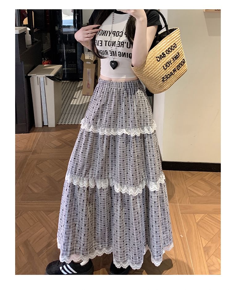 Elastic Waist Dotted Plaid Tiered Lace Trim Maxi A-Line Skirt
