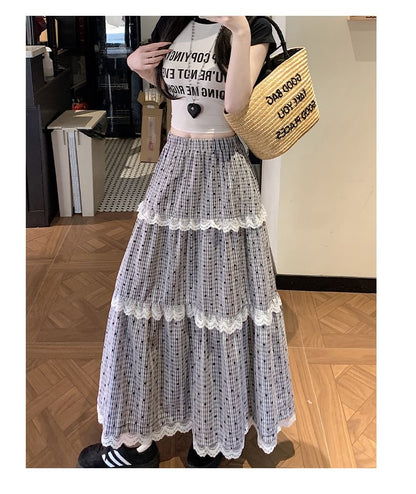 Elastic Waist Dotted Plaid Tiered Lace Trim Maxi A-Line Skirt