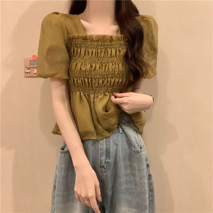 Short-Sleeve Square Neck Plain Ruched Peplum Blouse