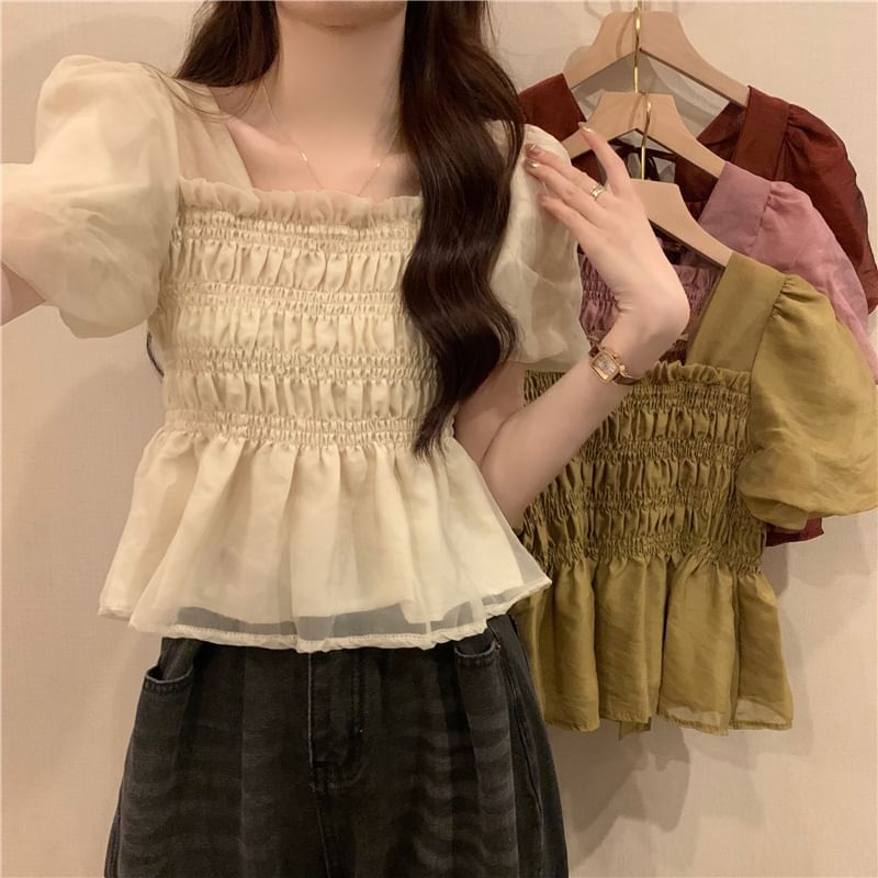 Short-Sleeve Square Neck Plain Ruched Peplum Blouse