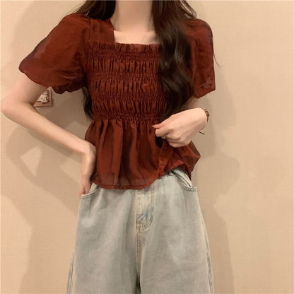 Short-Sleeve Square Neck Plain Ruched Peplum Blouse
