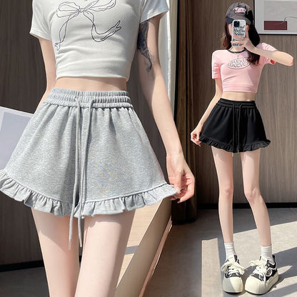 Drawstring Waist Ruffle Trim Sweat Shorts