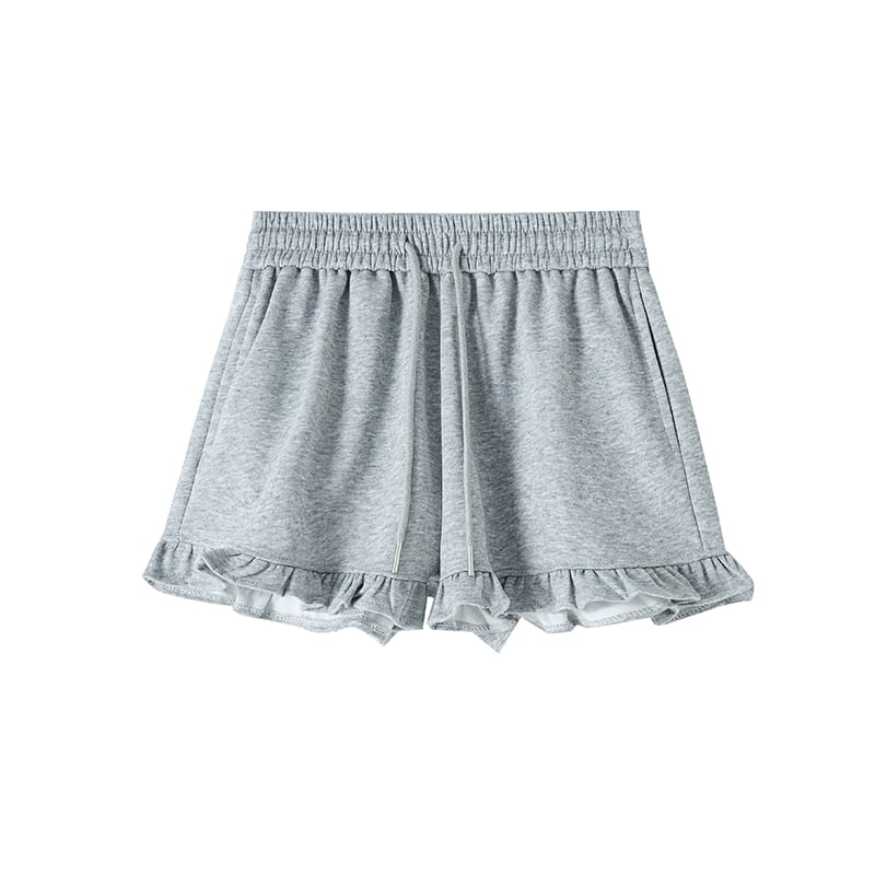Drawstring Waist Ruffle Trim Sweat Shorts
