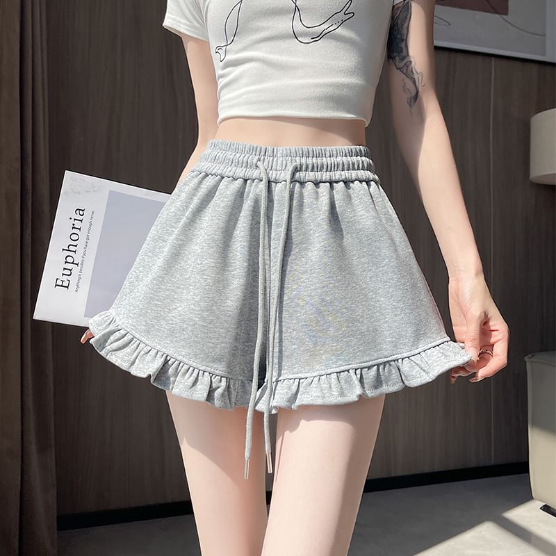 Drawstring Waist Ruffle Trim Sweat Shorts