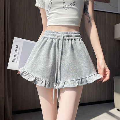 Drawstring Waist Ruffle Trim Sweat Shorts