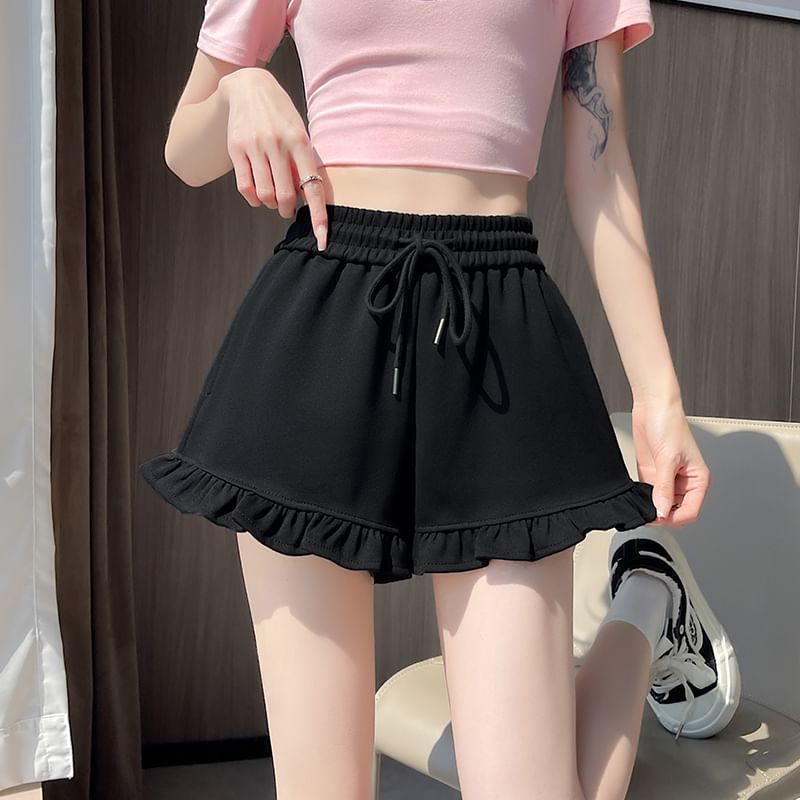 Drawstring Waist Ruffle Trim Sweat Shorts