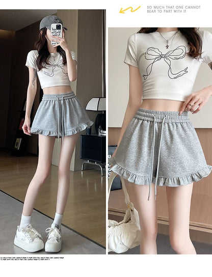 Drawstring Waist Ruffle Trim Sweat Shorts