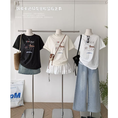 Short-Sleeve Crew Neck Cartoon Print Tee