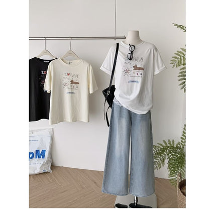 Short-Sleeve Crew Neck Cartoon Print Tee