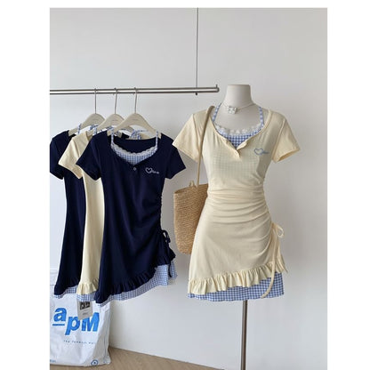 Mock Two-Piece Short-Sleeve Scoop Neck Heart Embroidered Plaid Panel Drawstring Mini Sheath Dress