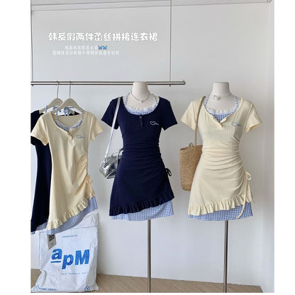 Mock Two-Piece Short-Sleeve Scoop Neck Heart Embroidered Plaid Panel Drawstring Mini Sheath Dress