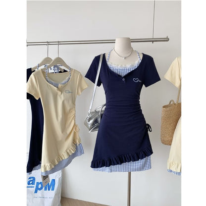 Mock Two-Piece Short-Sleeve Scoop Neck Heart Embroidered Plaid Panel Drawstring Mini Sheath Dress