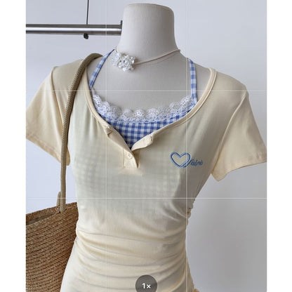 Mock Two-Piece Short-Sleeve Scoop Neck Heart Embroidered Plaid Panel Drawstring Mini Sheath Dress