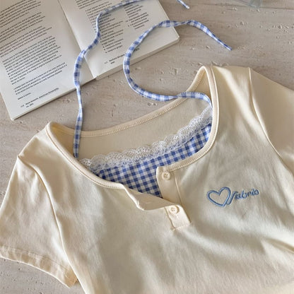 Mock Two-Piece Short-Sleeve Scoop Neck Heart Embroidered Plaid Panel Drawstring Mini Sheath Dress