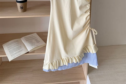 Mock Two-Piece Short-Sleeve Scoop Neck Heart Embroidered Plaid Panel Drawstring Mini Sheath Dress
