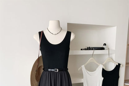 Sleeveless Scoop Neck Plain Midi A-Line Dress