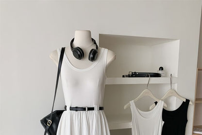 Sleeveless Scoop Neck Plain Midi A-Line Dress