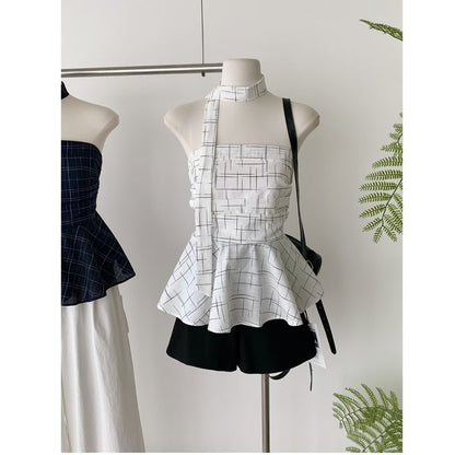 Set: Plaid Peplum Tube Top + Skinny Scarf