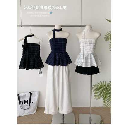 Set: Plaid Peplum Tube Top + Skinny Scarf
