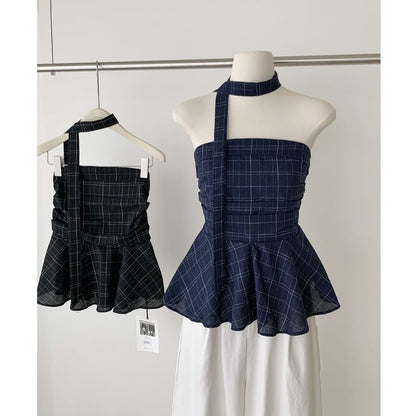 Set: Plaid Peplum Tube Top + Skinny Scarf