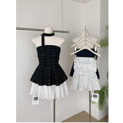 Set: Plaid Peplum Tube Top + Skinny Scarf