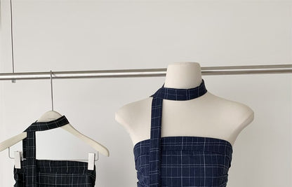 Set: Plaid Peplum Tube Top + Skinny Scarf