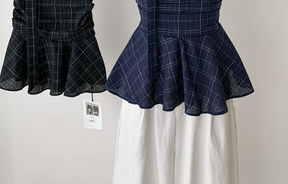 Set: Plaid Peplum Tube Top + Skinny Scarf