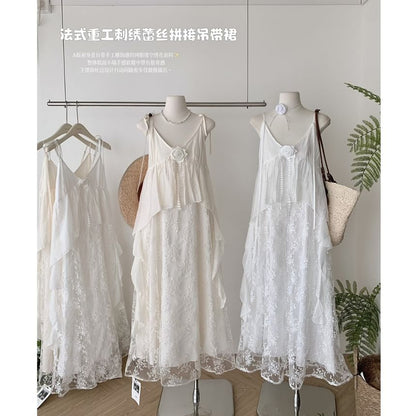 Spaghetti Strap V-Neck Lace Maxi A-Line Dress