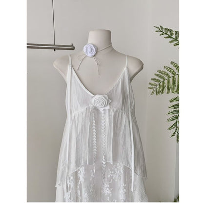 Spaghetti Strap V-Neck Lace Maxi A-Line Dress